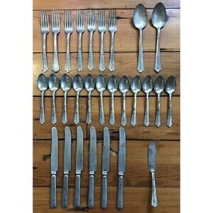Set Lot 28 Pc Mixed Vintage Antique Malabar Plate Flatware Forks Spoons Knives